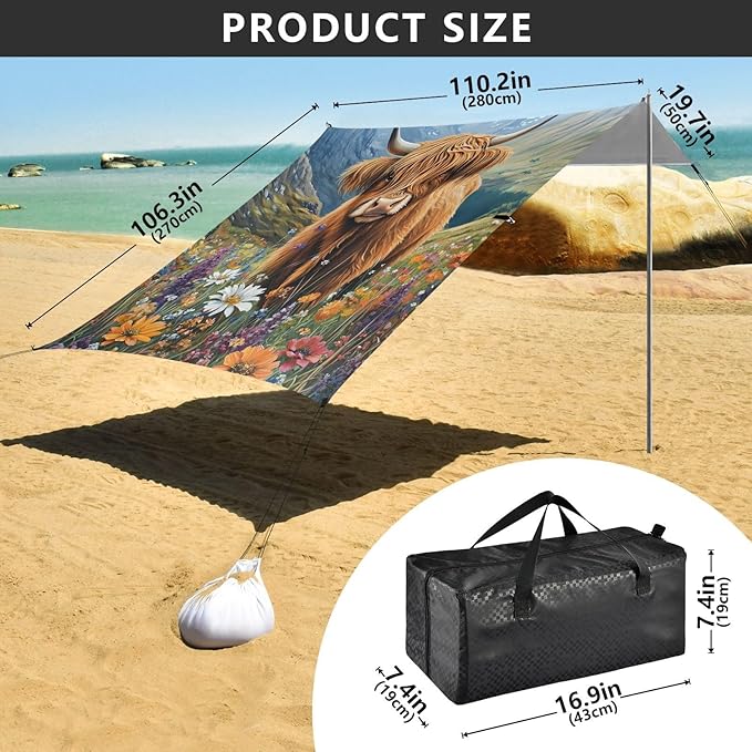ALAZA Oil Painting Highland Cow Flowers Beach Tent Sun Shelter Portable Canopy Sunshade for Outdoor Camping Picnics Backyard Fun 10x9 ft