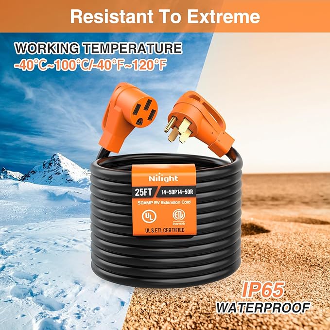 Nilight 25FT 50 Amp RV Extension Cord with Adapter 30Amp to 50Amp 250V Heavy Duty 6/3+8/1 Gauge Pure Copper STW Wire UL ETL Listed 4 Prong 14-50P 14-50R Weatherproof Suit for Generators Camper