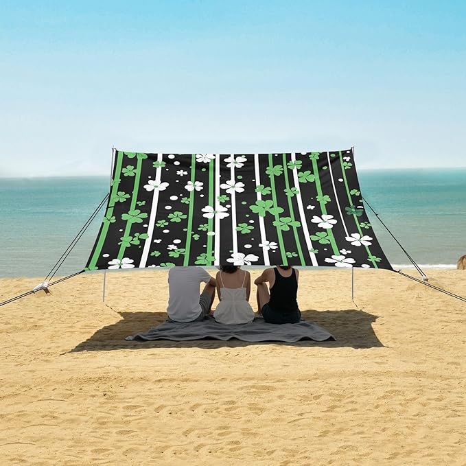 St Patrick's Clovers Stripes Beach Tent Sun Shelter Set UPF50+ UV Protection 10.5 x 9.19 FT Camping Shade Canopy with Sandbags Sand Anchors Carrying Bag and Others