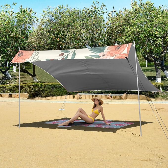 xigua Wildflowers Beach Tent Sun Shelter with Carrying Bag - Silver Coated Oxford Fabric Beach Canopy for Beach Camping Fishing - Includes Windproof Ropes Sandbags &amp Stakes