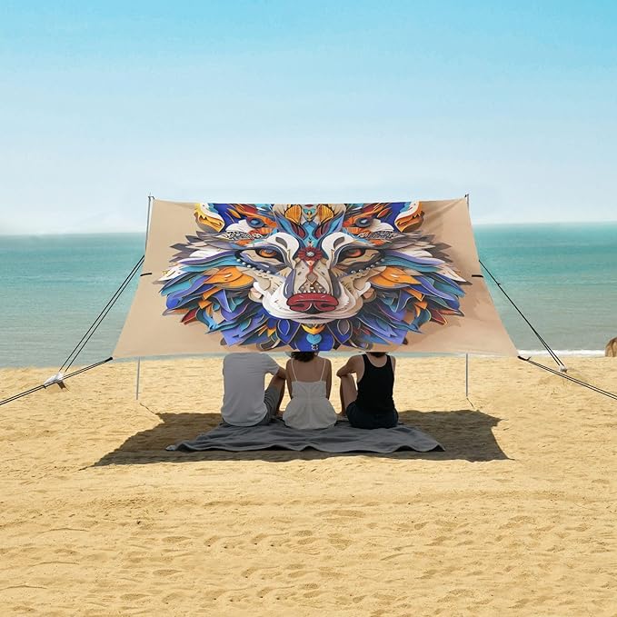ALAZA Colorful Wolf Head Beach Tent Sun Shelter UPF50+ Protection Beach Shade Canopy w/ 4 Sandbags for Outdoor Camping Fishing Backyard Fun Picnic 10x9 ft