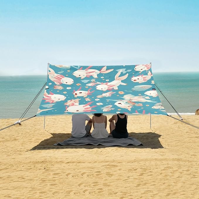 Lovely Axolotl Pattern Beach Tent UPF50+ Waterproof Shade Sun Shelter with Sandbags and Shovel for Camping Picnics Backyard