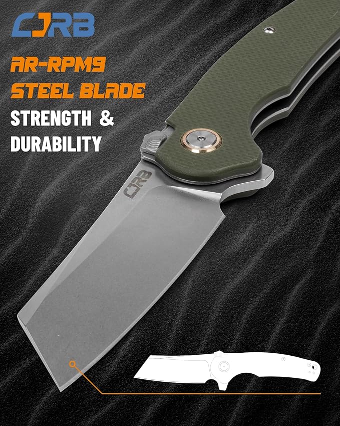 CJRB Crag Tactical Knife Cleaver Pocket Folding Knife with Stonewash AR-RPM9 Steel Blade and G10 Handle for Men Outdoor Survival Camping and EDC (J1904R)Green
