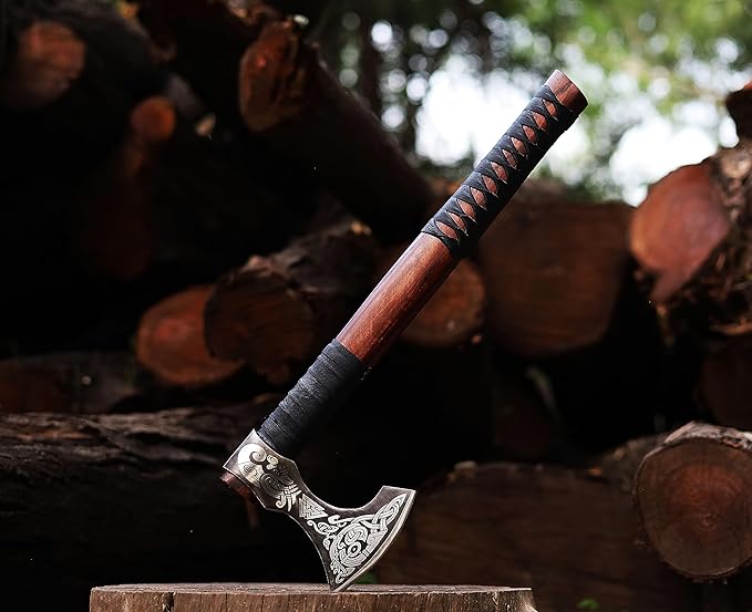 Viking Axe | 18 Carbon Steel Throwing Hatchet with Ash Wood Handle &amp Leather Sheath | Etched Norse Design Functional &amp Collectible Gift(WCA-017)