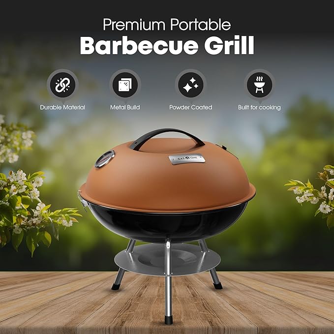 GasOne – 14-inch Portable Barbecue Grill with Thermometer - 3-Point Locking Lid for Heat Preservation – Dual Venting System – Small Charcoal Grill for Backyard Camping Boat