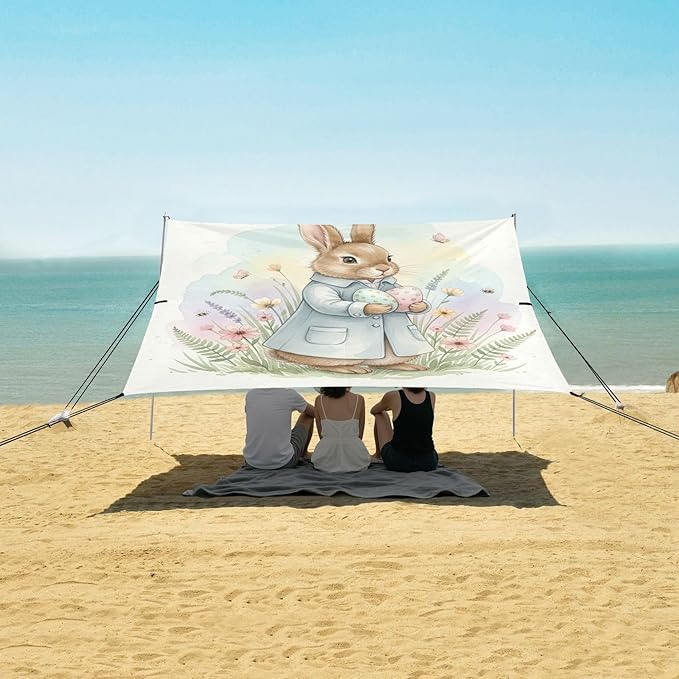 Beach Canopy with Windproof Ropes &amp Sandbags Beach Tent Sun Shade Sun Shelter for Camping Trips Fishing Backyard Fun or Picnics Easter Bunny