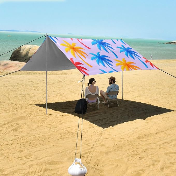 xigua Palm Trees Beach Tent Sun Shelter with Carrying Bag - Silver Coated Oxford Fabric Beach Canopy for Beach Camping Fishing - Includes Windproof Ropes Sandbags &amp Stakes