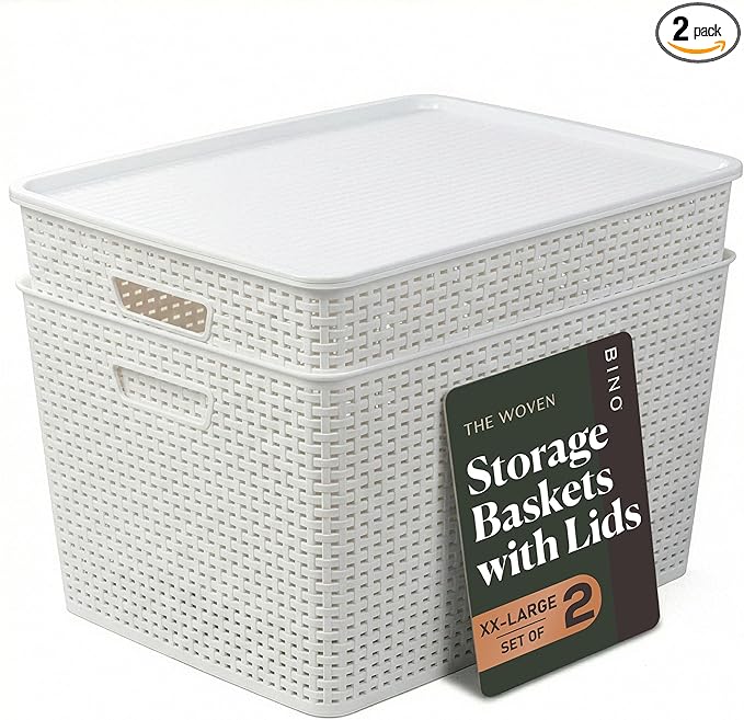BINO | Plastic Storage Baskets with Lids 45 Liter - 3 Pack White | THE WOVEN COLLECTION | Storage Basket for Shelves | Woven Storage Baskets for Organizing Bins Pantry Shelf Organizer Container Bin