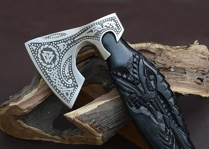 Viking-Style Bearded Axe J2 Steel Blade Handcrafted Wooden Handle Sharp Snatching Edge for Battle Ready Throwing &amp Collecting