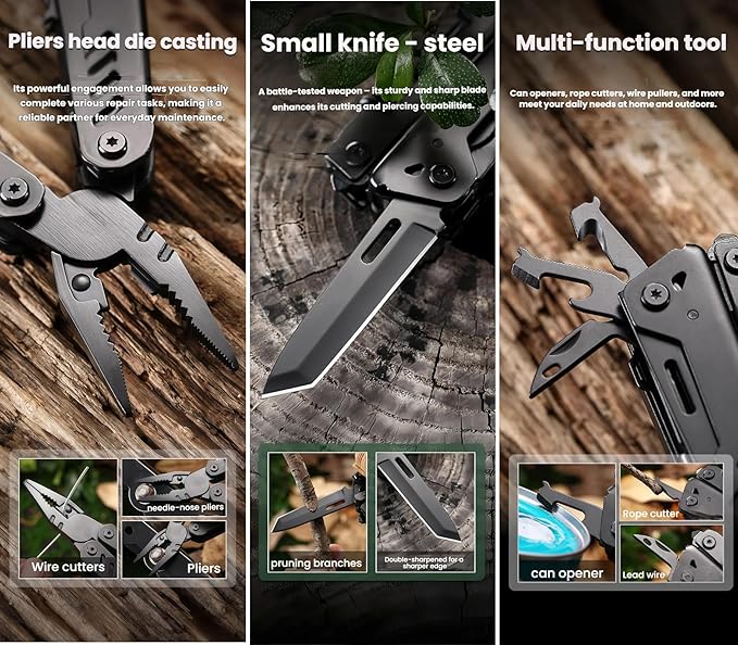 Multi Tool 16-in-1 Full-Size Lightweight EDC Camping Essentials Multi-Purpose Pliers Tools Knives Nylon Bag Tactical Gear Mens Gifts Ideas Gifts for Hunters Men who have Everything Silver