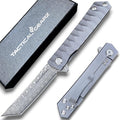 TACTICAL GEARZ Damascus Steel EDC Pocket Folding Knife Solid Tc4 Titanium Handle Includes Sheath (XT Midnight)