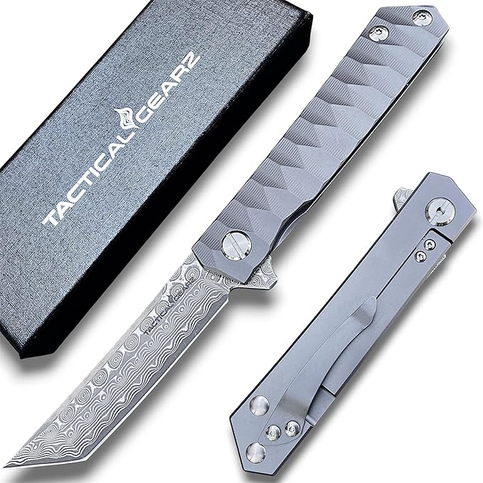 TACTICAL GEARZ Damascus Steel EDC Pocket Folding Knife Solid Tc4 Titanium Handle Includes Sheath (XT Midnight)