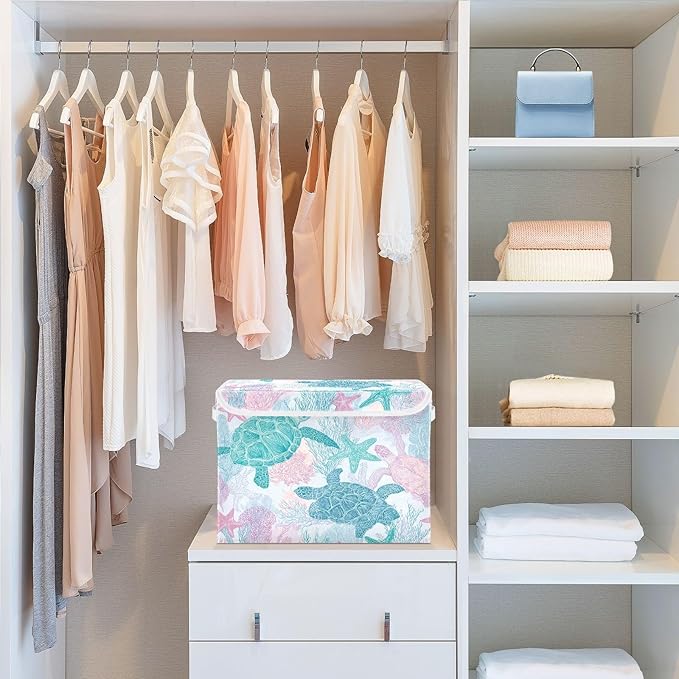 Collapsible Storage Bins with Lids Decorative Fabric Storage Cubes Closet Organizer and Storage Basket Boxes Containers for Clothes Box Chest Folding Rectangle Simple Turtles Starfish