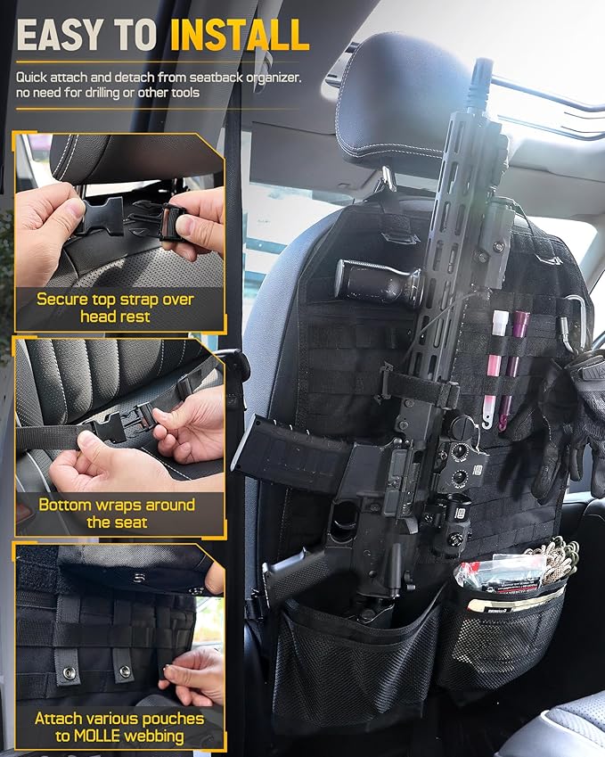 WYNEX Tactical Car Seat Back Organizer Set Vehicle Accessories Molle Panel wtih Detachable 4 Molle Pouches - First Aid EDC Admin Storage Bag for Road Trips Fits Most Cars SUVs Pickups Trucks