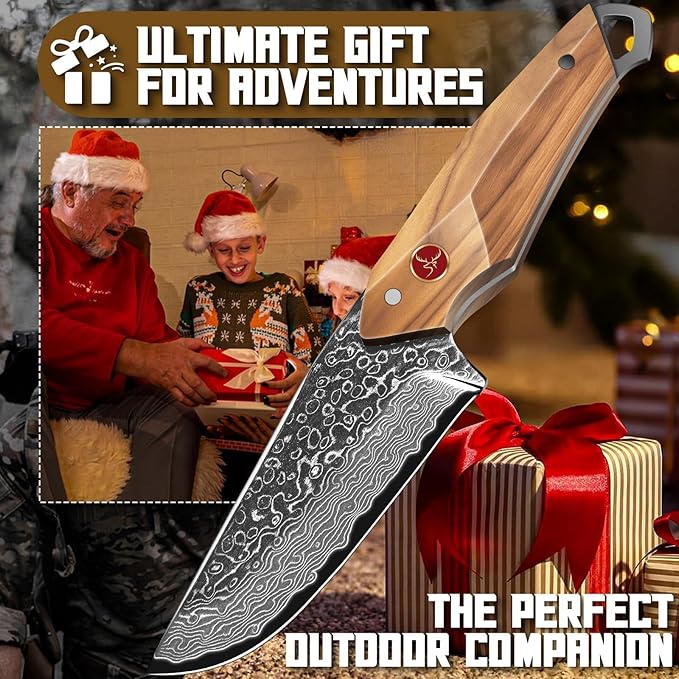 TAN REN Damascus Fixed Blade Knife Outdoor Survival Knife with Sheath Full Tang Bushcraft Knives with Wood Handle Brown Hunting Knives Gift for Men Camping Outdoor Cooking Gift for Him