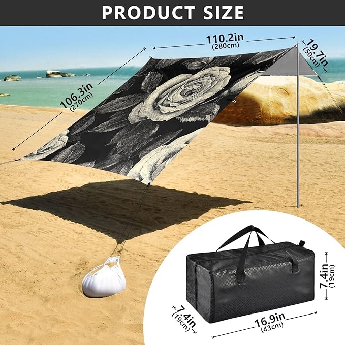 ALAZA Hand Drawn Rose Beach Tent Sun Shelter Portable Canopy Sunshade for Outdoor Camping Picnics Backyard Fun 10x9 ft