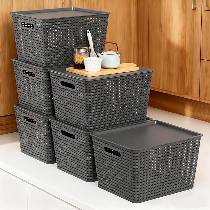 Zopnny Plastic Storage Baskets with Lid Stackable Storage bins for Organizing Shelves Drawers Desktop Closet Playroom Classroom Office 6 Pack 20 Quart