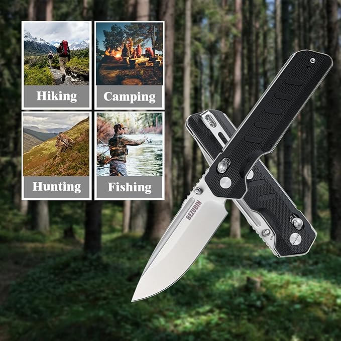 Folding Pocket Knife 3.25 VG10 Blade EDC Folding Knife with Safety Axis Lock Black G10 Handle Hunting Camping Knife with Thumb Stud Opener