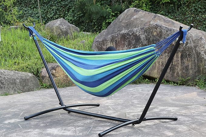 9Ft Portable Solid Steel Heavy Duty Stand Hammock with Carrying Case 2 Person Large Durable and Stable Best Hammock Stands for Indoor or Outdoor Backyard Decor Bed Patio Lawn Garde - Blue 300 Lb