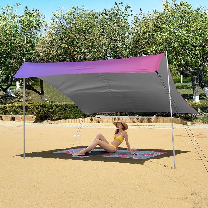 Red Blue Gradient Beach Tent UPF50+ Protection Water-Resistant Shade Sun Shelter Includes Sand Shovel Sandbags Stability Poles for Camping Trips Fishing Backyard Fun or Picnics