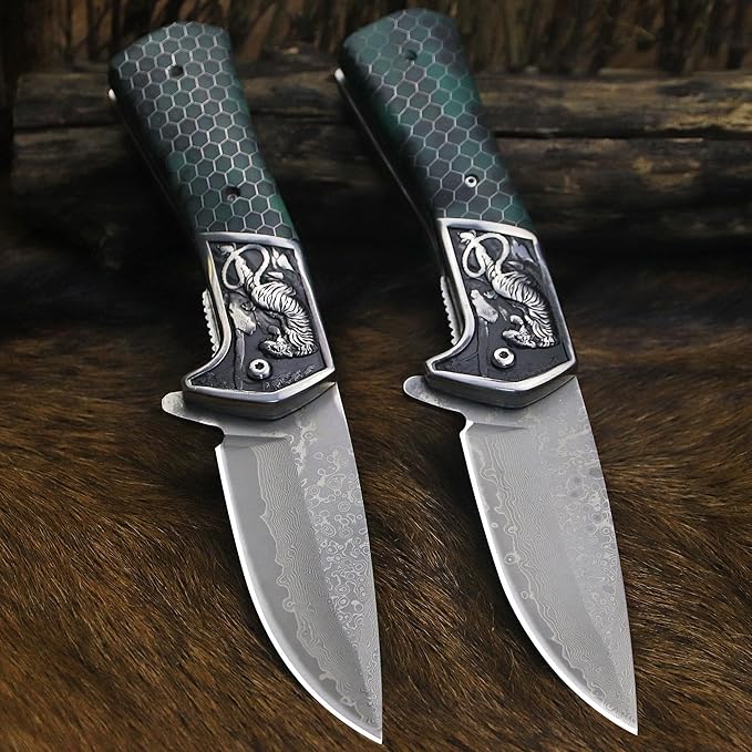 BA-KOR B21A Devil Tiger (XL) 248mm Damascus pocket knife featuring stainless steel and resin aluminum honeycomb-pattern handle &amp(5.9IN) cerium igniter suitable for both men and women as a campin