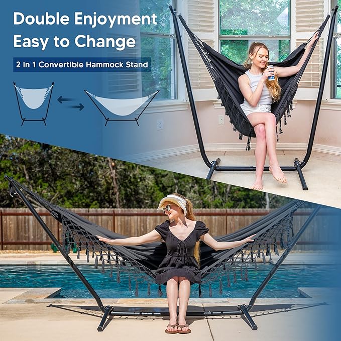 SUNCREAT 2-in-1 Hammocks Convertible Portable Double Hammock with Stand Included Outdoor Hammock and Stand Patented Dark Grey with Tassel