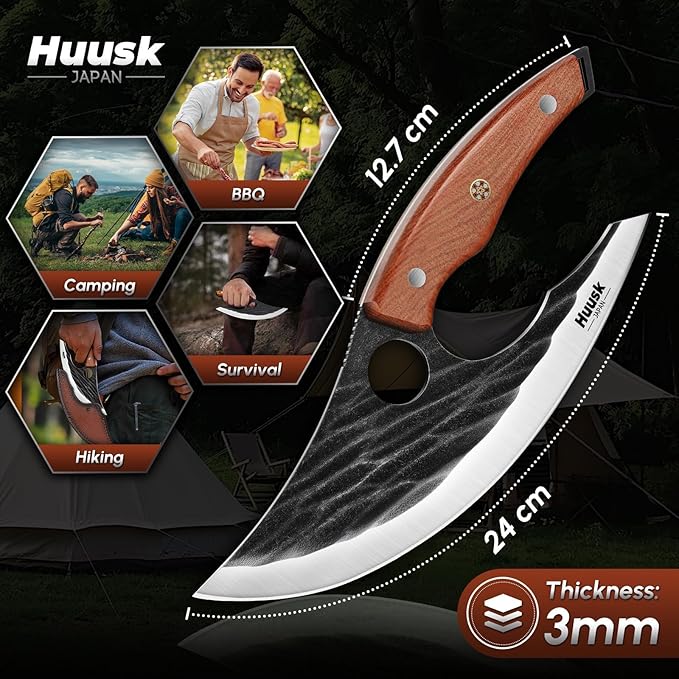 Huusk Japan Ulu Knife with Sheath - Christmas Gift for Men and Women - Hand Forged Caveman Ultimo Knife with Full Tang Wooden Handle - BBQ Knives for Vegetables Fruit Pizza
