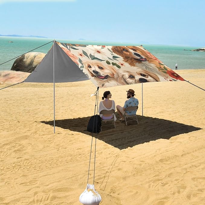 ALAZA Dog Puppy Flowers Beach Tent Sun Shelter UPF50+ Protection Beach Shade Canopy w/ 4 Sandbags for Outdoor Camping Fishing Backyard Fun Picnic 10x9 ft
