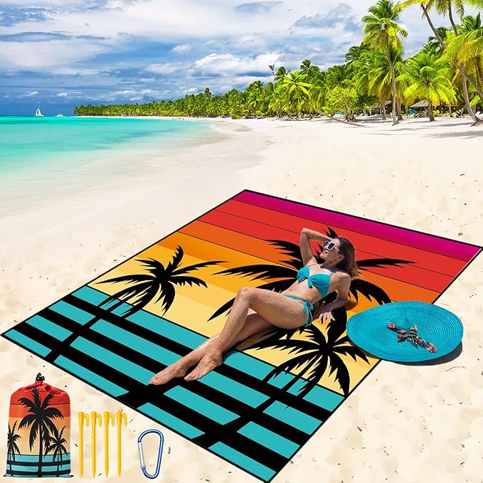 Beach Blanket Waterproof Sandproof Beach Mat 79 X 83/10'x9'for 2-8 Adults Quick Drying Outdoor Picnic Mat Beach Accessories for Travel Camping Hiking