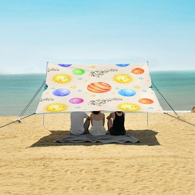 Beach Canopy with Windproof Ropes &amp Sandbags Beach Tent Sun Shade Sun Shelter for Camping Trips Fishing Backyard Fun or Picnics Planet