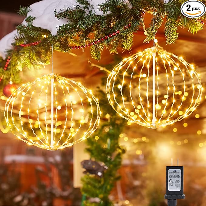 AGOTD Christmas Ball Lights Outdoor 2 Pack 8 Inch Compress LED Sphere String Lights with Memory Function Plug Waterproof Globe Lights for Xmas Tree Garden Porch Party Decor (Warm White)