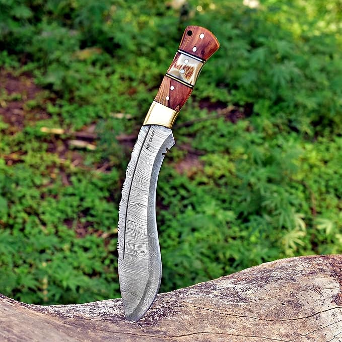 MR. CRAFT Custom Handmade Traditional Kukri Damascus Steel Fixed Blade Knife With Sheath Full Tang Heavy Duty Camping Knives - Gifts for Men (Kow Wood and Stag Horn)