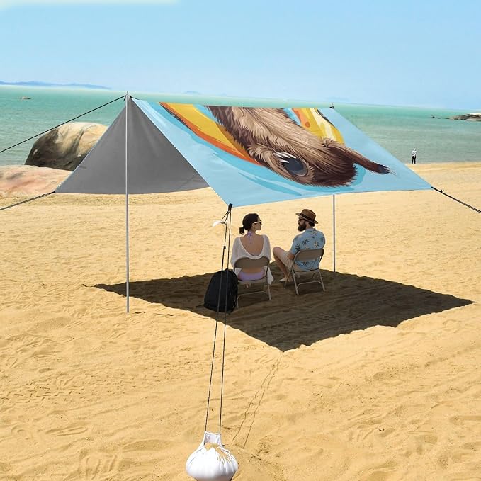 ALAZA Sloth Swimming Ring Beach Tent Sun Shelter UPF50+ Protection Beach Shade Canopy w/ 4 Sandbags for Outdoor Camping Fishing Backyard Fun Picnic 10x9 ft