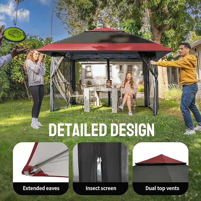 CROWN SHADES 13x13 Pop Up Gazebo Canopy Tent Gazebos on Clearance - Outdoor Gazebo for Backyard &amp Patio Furniture - Carpa Pop Up Tent with Wheeled STO-N-Go Cover Bag (Red &amp Grey)