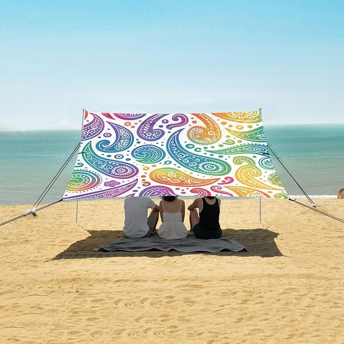 ALAZA Paisley Rainbow Color Beach Tent Sun Shelter UPF50+ Protection Beach Shade Canopy w/ 4 Sandbags for Outdoor Camping Fishing Backyard Fun Picnic 10x9 ft