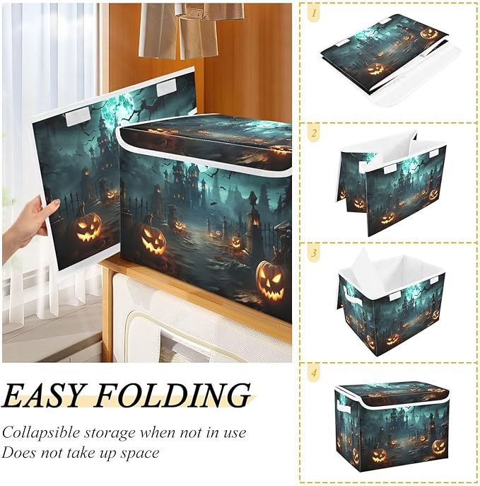 YETTASBIN Halloween Pumpkin Storage Basket with Lid and Handles Large Collapsible Fabric Storage Bins Sturdy Storage Organizer for Shelves Closet Bedroom School Office Home Decor