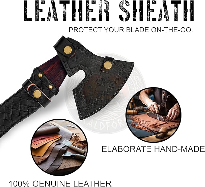 Handmade Russian Axe with Leather Sheath – Carbon Steel Blade Rosewood Handle – 13 Inch Nordic Axe Handmade Collectible - Best Wedding for Men and Women
