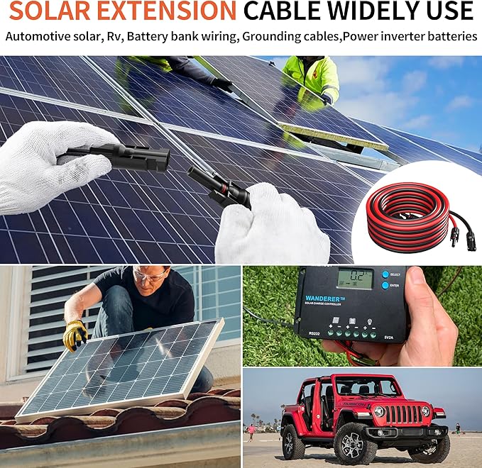 energeaster 10AWG Solar Cable with Pair of Connectors Solar Panel Adaptor Kit Tool Extension Cable10 Gauge WireRed and Black(20FT Red + 20FT Black)