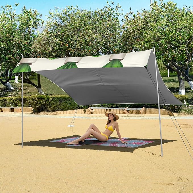 xigua Cactus Beach Tent Sun Shelter with Carrying Bag - Silver Coated Oxford Fabric Beach Canopy for Beach Camping Fishing - Includes Windproof Ropes Sandbags &amp Stakes