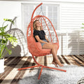Hanging Egg Chair with Stand Outdoor Indoor Patio Rattan Swing Hammock Chairs with Washable Cushion PE Wicker Swing Chair for Backyard Bedroom Garden (Orange Red + Orange Red Cushion No Footrest)