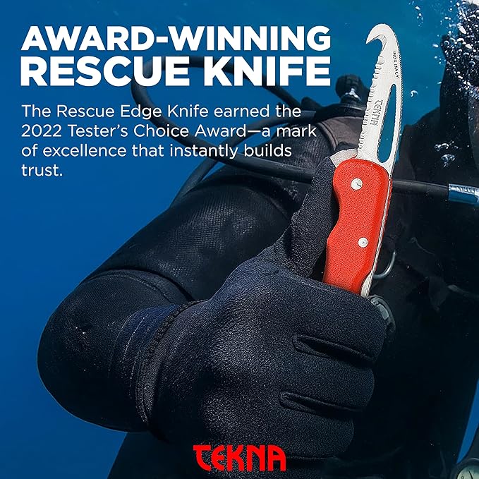 TEKNA Rescue Edge Knife – Serrated 420HC Stainless Steel Hook-Tip Folding Knife with Shackle Key &amp Oxygen Wrench | Bright Red Fiberglass Handle for Camping Boating Diving Climbing &amp Everyda