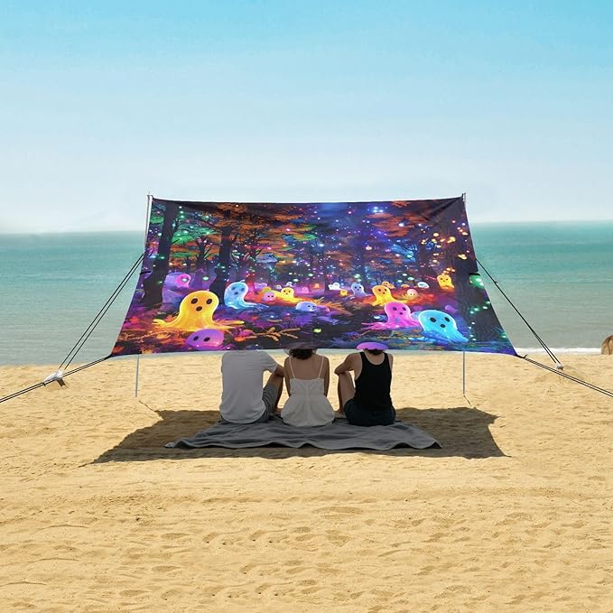 ALAZA Ghosts Halloween Beach Tent Sun Shelter UPF50+ Protection Beach Shade Canopy w/ 4 Sandbags for Outdoor Camping Fishing Backyard Fun Picnic 10x9 ft