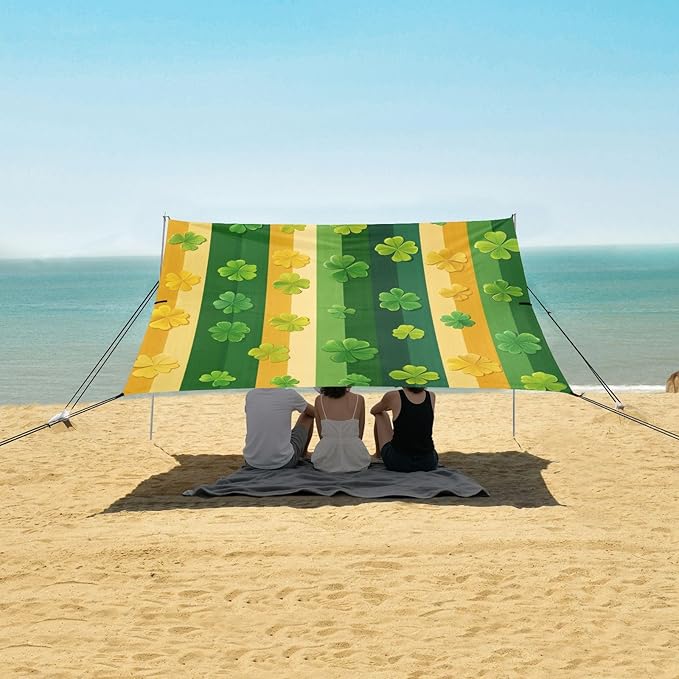 St Patrick's Striped Shamrocks Beach Tent Sun Shelter Set UPF50+ UV Protection 10.5 x 9.19 FT Camping Shade Canopy with Sandbags Sand Anchors Carrying Bag and Others