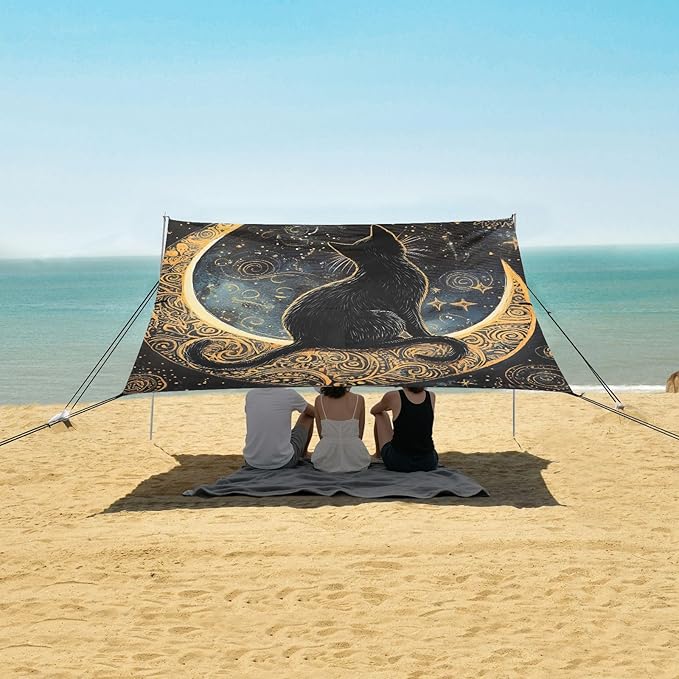 ALAZA Black Cat Sitting on The Moon Beach Tent Sun Shelter Portable Canopy Sunshade for Outdoor Camping Picnics Backyard Fun 10x9 ft