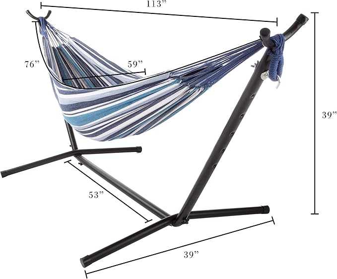 Pure Garden Double Brazilian Hammock with Stand– Woven Cotton 2-Person Outdoor Swing with Frame for Camping Backyard or Patio (Blue Stripes)