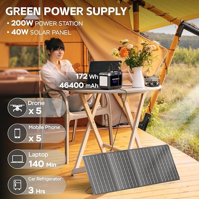 MARBERO 172Wh Solar Generator with 40W Solar Panel Portable Solar Power Station 200W Camping Outdoor Hiking Fishing Emergency CPAP