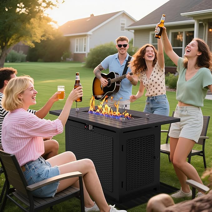 43” Outdoor Propane Fire Table Set with Heavy-Duty Glass Stones Glass Wind Guard Lid &amp Water-Resistant Cover 50000 BTU Metal Fire Pit Table Rectangle Fire Pit Table for Patio Deck