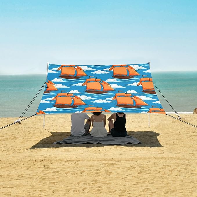 xigua Orange Sails Beach Tent Sun Shelter with Carrying Bag - Silver Coated Oxford Fabric Beach Canopy for Beach Camping Fishing - Includes Windproof Ropes Sandbags &amp Stakes