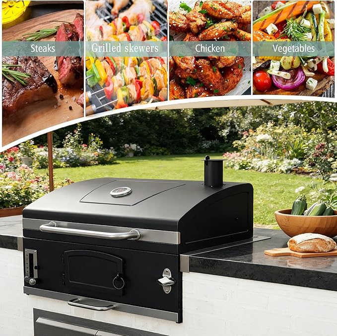 Large Built-in Barbecue Grills Charcoal BBQ Grills with Liftable Tray Insulated Hood &amp Temp Gauge Black Stainless Steel Charcoal BBQ Barrel Grill for Outdoor Kitchen Camping Park Style