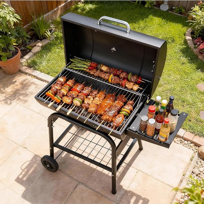 VINGLI Upgraded Barrel Charcoal Grill with 2 Sides Table BBQ Grill Outdoor Smoker with Wheels for Party Garden Patio and Backyard Cooking 39''D × 24''W × 46''H (Upgraded Grill w/Side Table)
